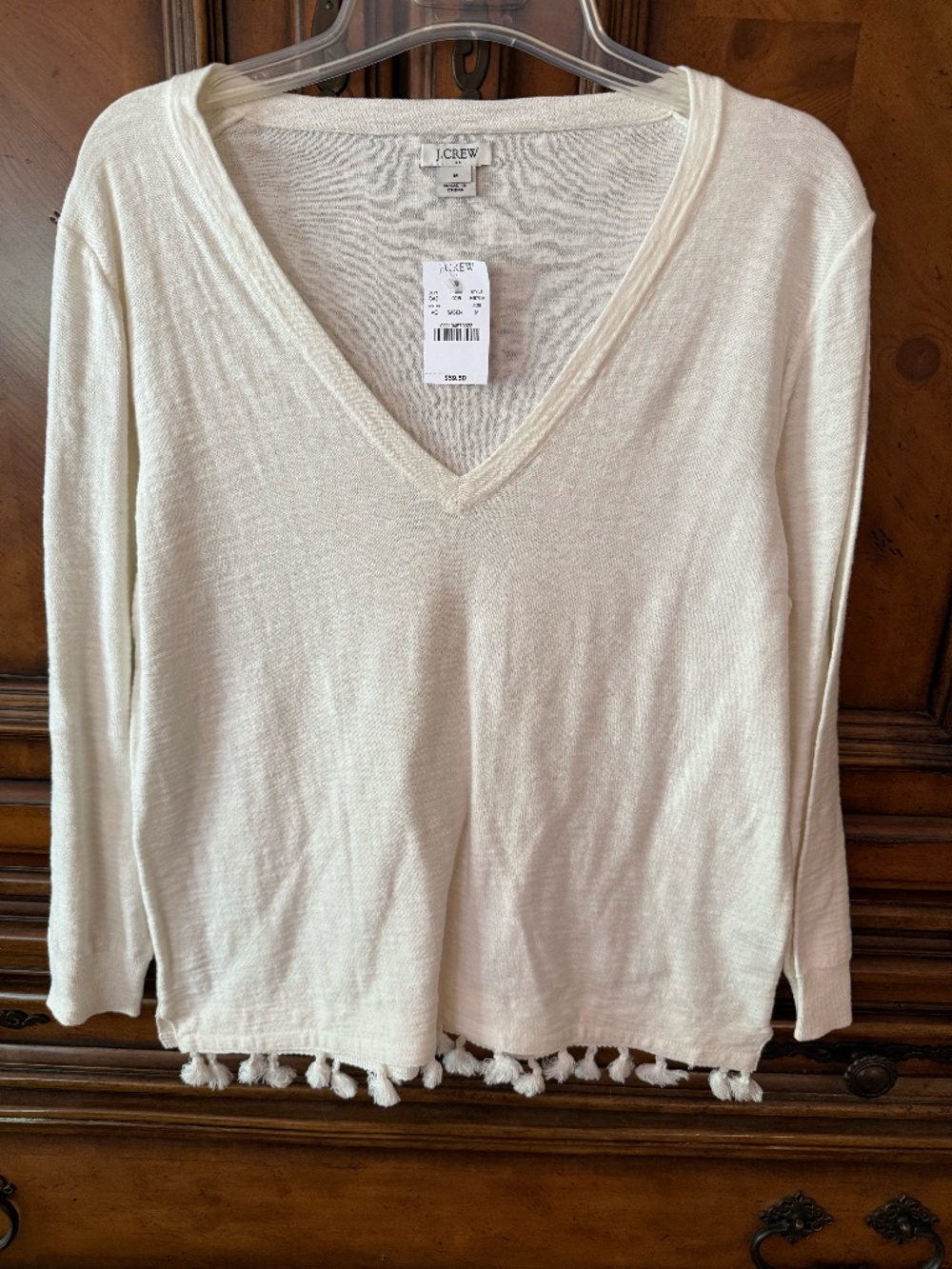 NWT J. Crew White V-Neck Sweater Tassel Hem 3/4 Sleeve Size M